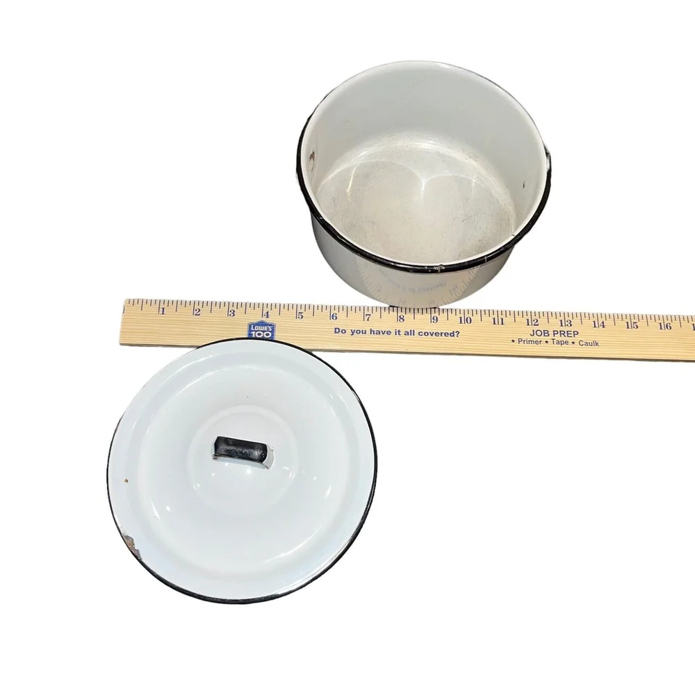 Vintage Enamelware White & Blue Small Sauce Pot With Lid For Decoration Only GUC